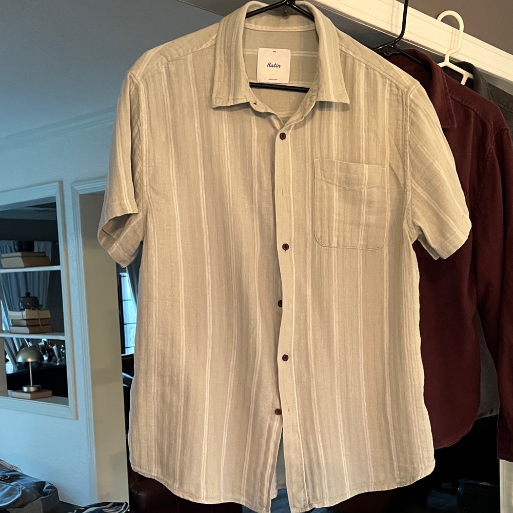Canvas by Katin in Linen Mens Medium Beige Striped Button Down Shirt